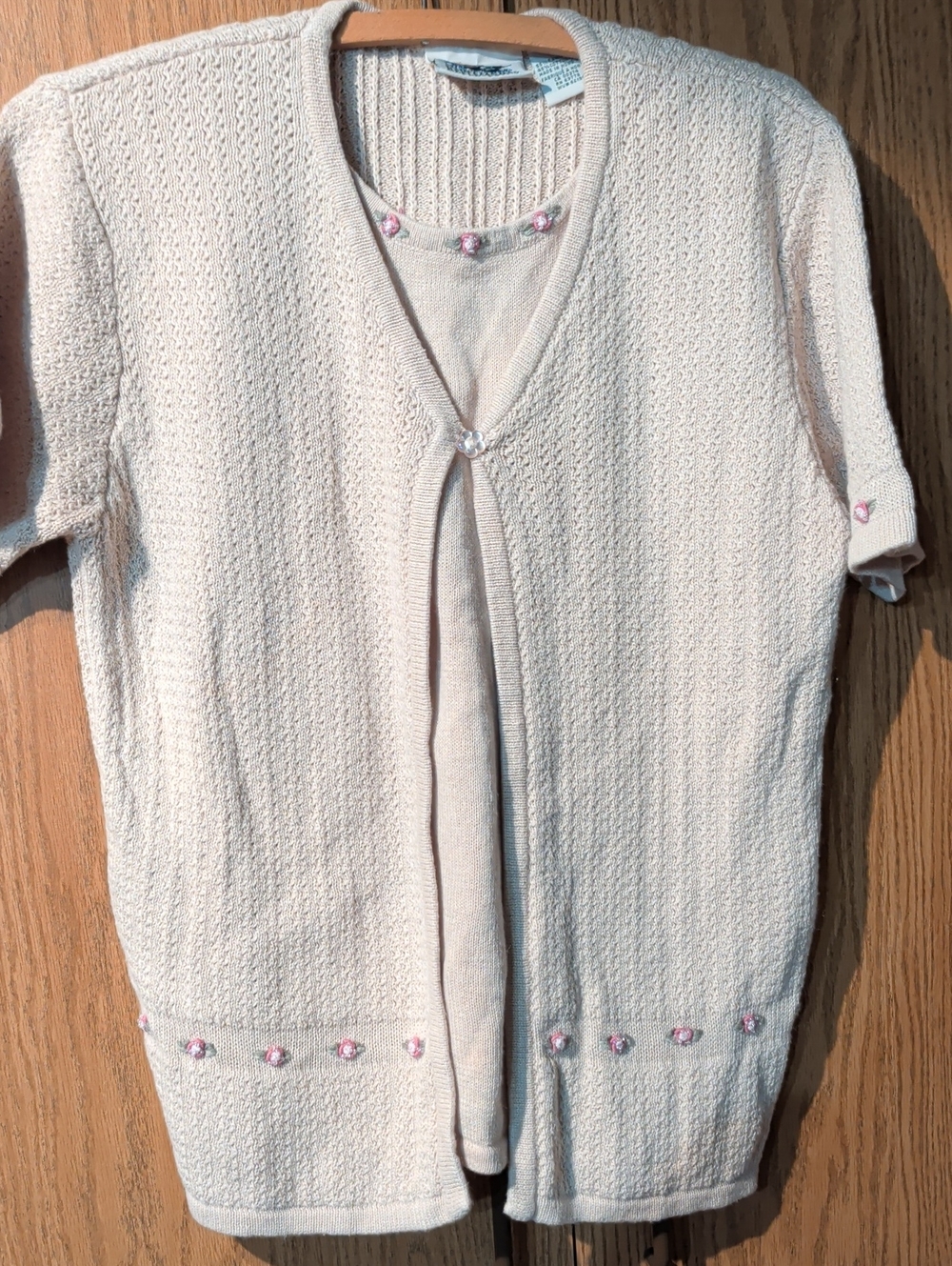Tan Short-Sleeve Knit Faux Cardigan with Pink Flower  Accents